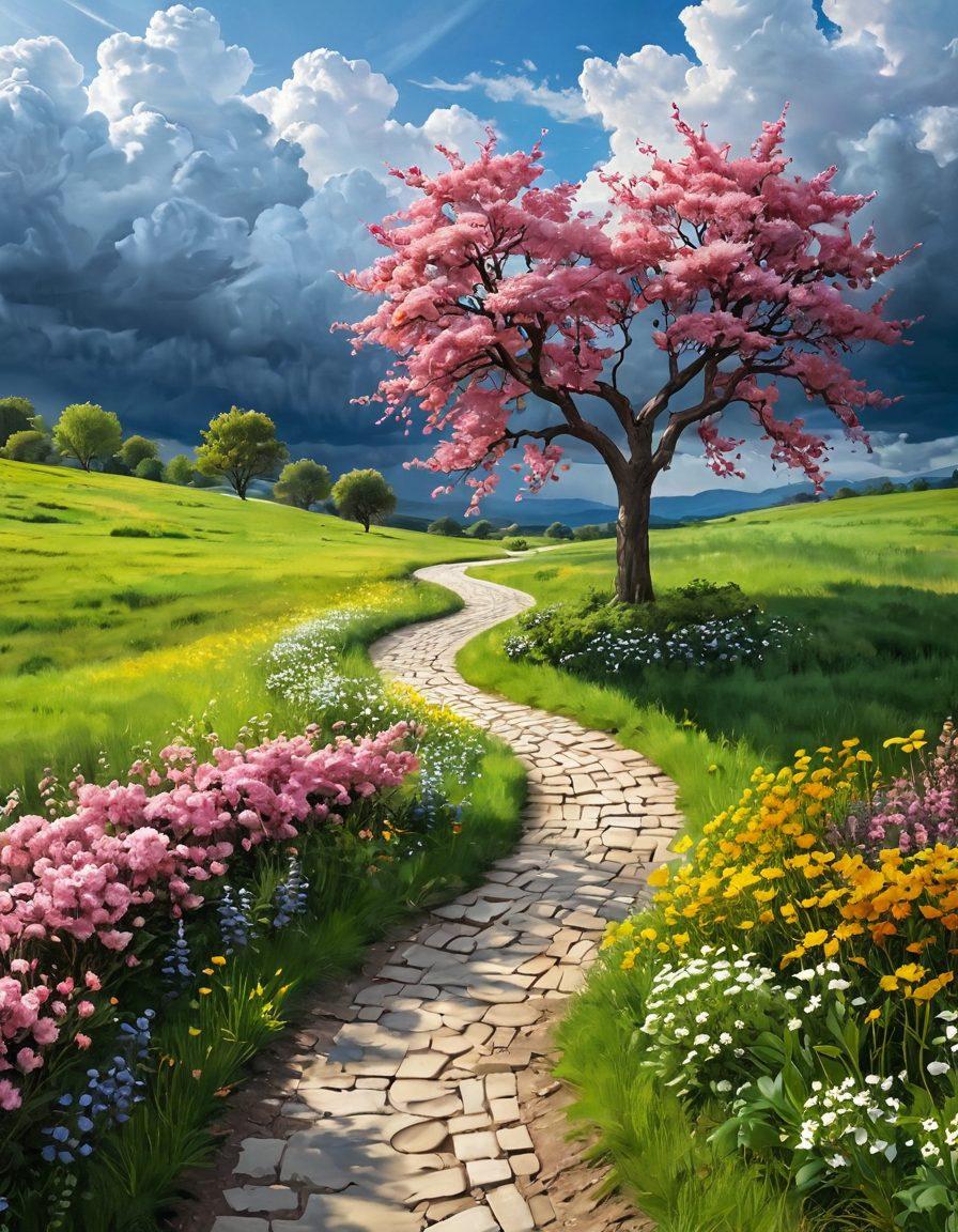 A serene open landscape with a winding path leading from a gloomy stormy side to a bright sunny side, symbolizing the journey from heartbreak to happiness. Include a heart-shaped tree at the center that blossoms on the sunny side, with small figures walking along the path sharing laughter and joy. Use soft, pastel colors for the peaceful elements and darker shades for the stormy side, creating a contrast. digital painting. vibrant colors. inspirational theme.
