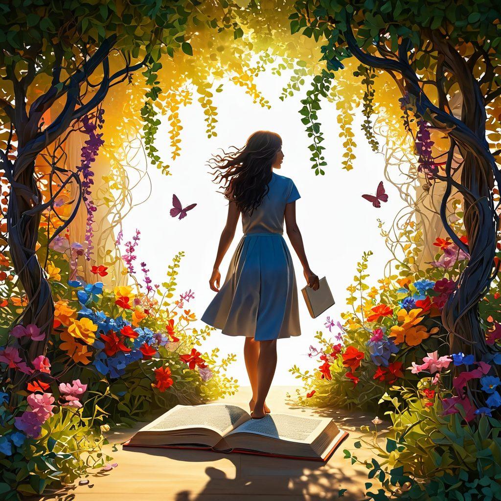 A vibrant and uplifting scene depicting a person stepping from a shadowy breakup into a bright, flourishing landscape of relationships, with tangled vines transforming into blooming flowers. In the foreground, open books symbolize guidance and wisdom, while warm sunlight casts a golden glow to enhance hope and growth. super-realistic. vibrant colors. 3D.