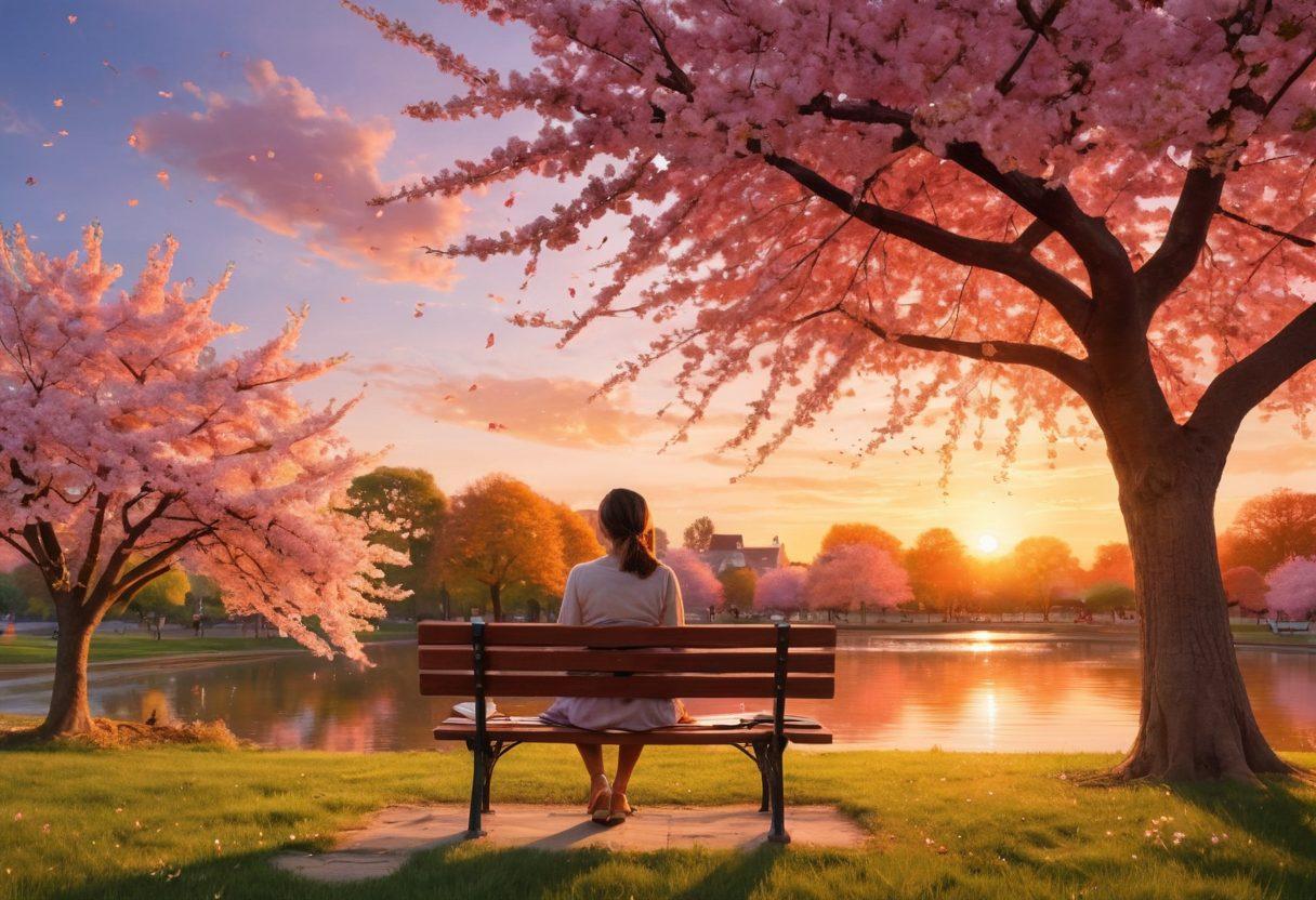 A serene landscape showing a woman sitting on a park bench, journaling her thoughts under a blossoming cherry tree. Nearby, friends share warm laughter, symbolizing friendship, while a comforting sunset paints the sky in pinks and oranges. The scene conveys a sense of healing and emotional support. vibrant colors. super-realistic. warm tones.